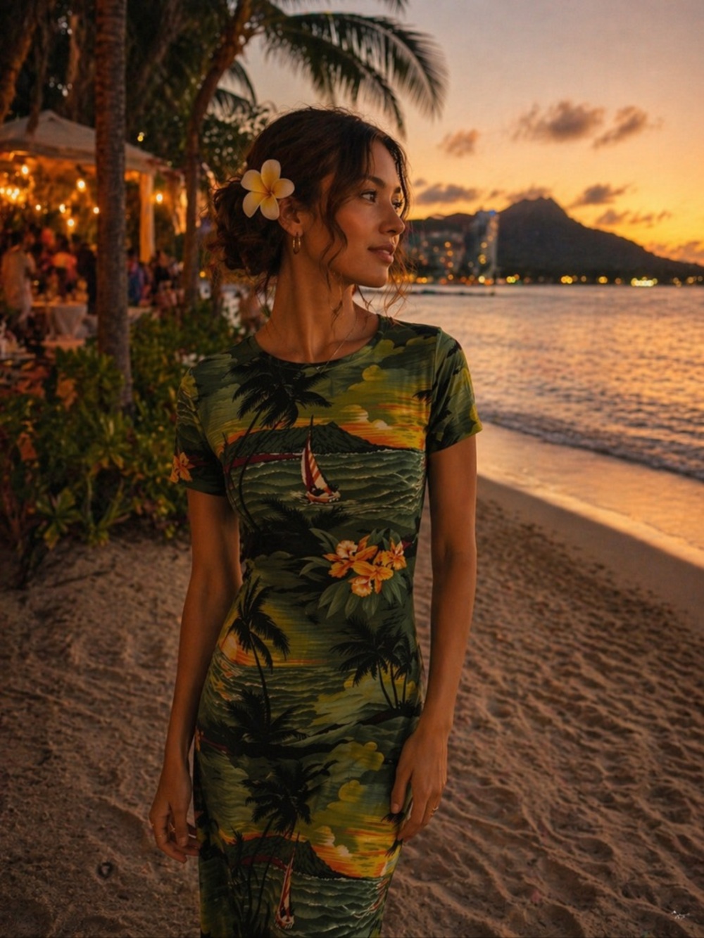 Hawaiian Vintage Y2K Green Tropical Luau Midi Dress Large Early 2000’s 90’s Hula